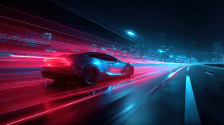 A car is driving down a road with a city in the background. The car is surrounded by a blur of lights, giving the impression of speed and motion. Scene is energetic and dynamicの素材