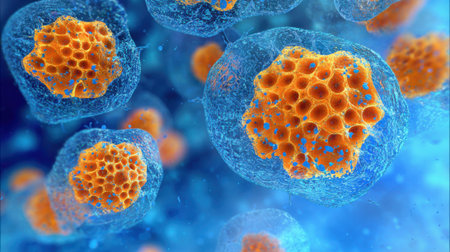 A group of orange and blue cells are shown in a blue background. The orange cells are clustered together and appear to be in a state of growth. The blue background gives the impression of a calmの素材