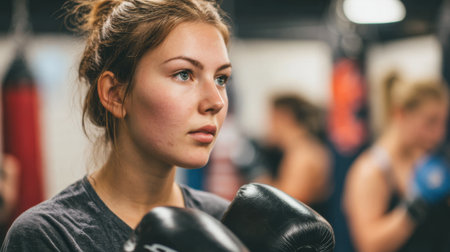 A woman wearing boxing gloves and a shirt is looking at the camera. Scene is determined by the woman's expression, which appears to be focused and determinedの素材