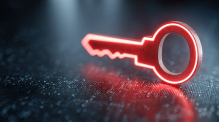 A red key is lit up on a dark background. The key is glowing and he is a symbol of something importantの素材