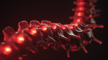 A red and black image of a spine with glowing red lights. The spine is twisted and he is made of plasticの素材