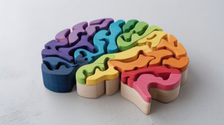 A brain-shaped puzzle made of wood is displayed on a smooth surface. The puzzle features vibrant colors and unique shapes, inviting engagement and exploration for cognitive development.の素材