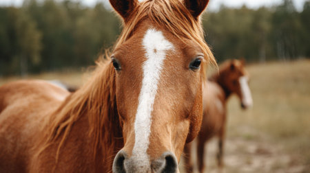 A brown horse with a white stripe on its face is looking at the camera. The horse is in a field with other horses in the backgroundの素材