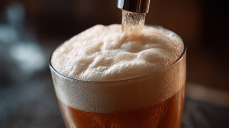 A glass of beer is poured into a glass. The foam on top of the beer is thick and frothyの素材