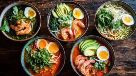 A row of bowls with different types of food, including shrimp, avocado, and ramen. The bowls are arranged on a wooden table, and the overall mood of the image is one of abundance and varietyの素材