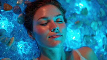 A woman is laying in a blue tub of ice and rocks. She is smiling and she is relaxedの素材
