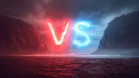 A dramatic confrontation is illustrated with electric red and blue symbols in the sky over dark cliffs and turbulent waves during twilight, conveying a sense of power and intensity.の素材