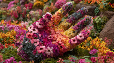 A large hand sculpture is adorned with various colorful flowers, blending seamlessly into a lush garden. The vibrant blooms surrounding the sculpture enhance the serene atmosphere and artistry.の素材