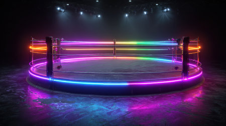 A large, colorful ring with neon lights surrounding it. The ring is empty and the lights are on, creating a vibrant and energetic atmosphereの素材