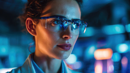 A woman wearing blue glasses is looking at something. The image has a futuristic feel to it. The woman's gaze is focused and intense, as if she is trying to solve a problem or make a decisionの素材
