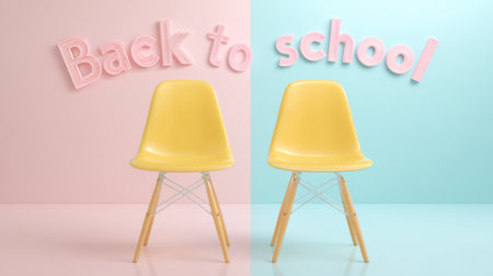 Two yellow chairs are in front of a pink wall with the words "back to school" written in neon lettersの素材