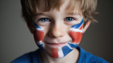 A young boy with a British flag painted on his face. He is smiling and looking at the cameraの素材