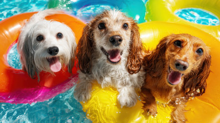 Three dogs are in a pool with a yellow and orange inner tube. The dogs are all smiling and seem to be enjoying themselvesの素材