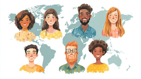 A group of people are smiling and are located all over the world. The image is a cartoon of people with different skin tones and features a globe in the backgroundの素材