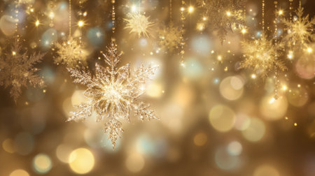 Delicate snowflakes shimmer and hang against a golden background, creating a magical ambiance. Soft lights and bokeh enhance the festive mood, perfect for winter celebrations.の素材
