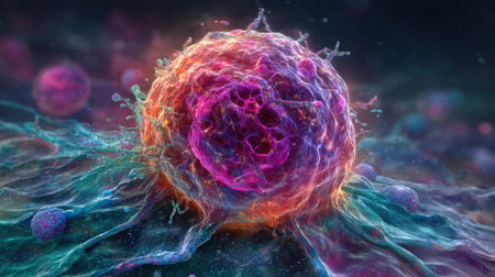 A colorful blob of pink, purple, and blue with a yellow center. The blob is surrounded by other blobs of different colorsの素材