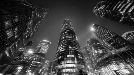 Tall buildings stand majestically against the night sky, their glass facades reflecting city lights. The urban landscape is captured in stark black and white, highlighting architectural features.の素材