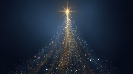 A beautifully lit Christmas tree stands tall, adorned with twinkling lights and a radiant star at the top, spreading festive cheer in a serene night setting.の素材