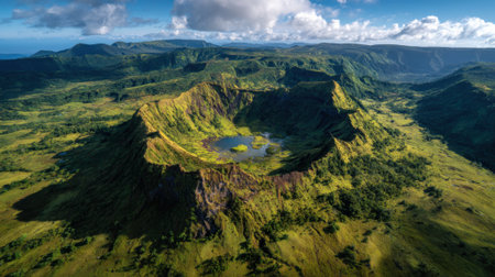A large green mountain with a lake in the middle. The lake is surrounded by trees and the mountain is covered in grass. The sky is clear and the sun is shiningの素材