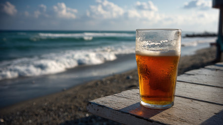 A glass of beer is sitting on a table on a beach. The glass is half full and the beach is visible in the background. Concept of relaxation and leisureの素材