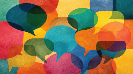 A multitude of colorful speech bubbles overlap, showcasing a blend of hues like red, blue, yellow, and green. This design symbolizes communication and conversation in a creative way.の素材