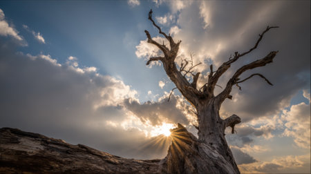 Bright rays of sunlight emerge from behind an old tree creating a stunning visual display at dusk.の素材