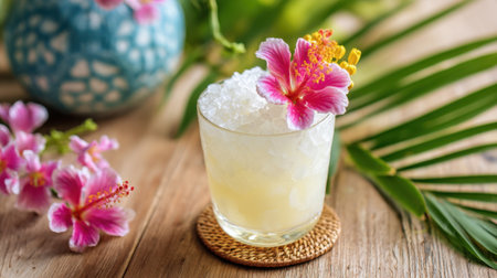 Bright beverage decorated with pink flowers sits on a natural surface surrounded by tropical elements.の素材