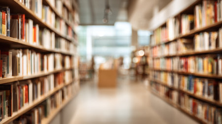 A spacious library features tall shelves packed with colorful books. Natural light fills the area.の素材