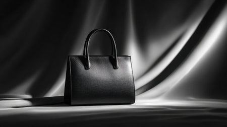 A sleek black handbag stands alone on luxurious fabric illuminated by soft artistic light.の素材