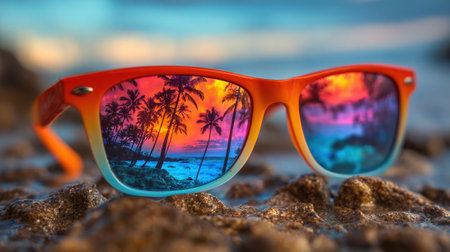 Colorful sunglasses rest on rocky shore reflecting a stunning sunset and palm trees by the sea.の素材