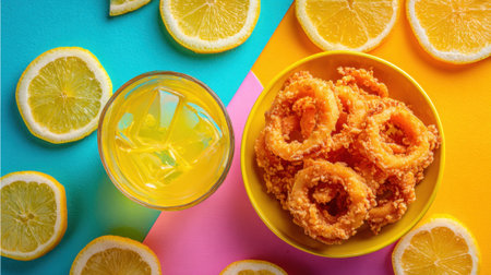 Delicious golden onion rings sit in a bowl next to a glass of lemonade and fresh lemon slices.の素材