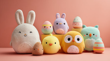 Soft and fluffy toys in various shapes and colors create a cheerful scene suitable for spring festivities.の素材