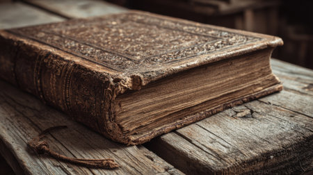 An old leather bound book lies open on a weathered wooden table showing its age and history.の素材