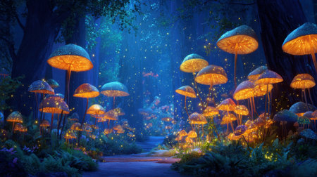 Glowing mushrooms light up a serene forest path creating a magical atmosphere at twilight.の素材