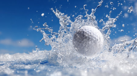 A golf ball creates a big splash as it hits the water surface during a game. The clear blue sky enhances the scene on this sunny day, adding brightness to the moment.の素材