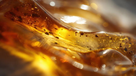 A vibrant piece of amber resin glows in the sunlight, revealing intricate patterns and textures. The warm tones highlight its natural formations and tiny particles within.の素材