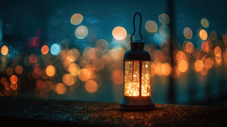 A glowing lantern emits a warm light in the evening surrounded by soft colorful bokeh lights from the city.の素材