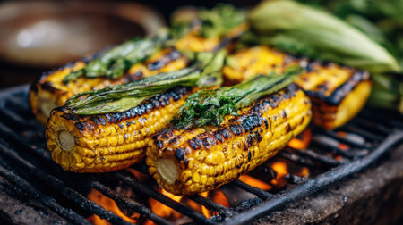 Grilled corn on the cob sits on a barbecue grill, surrounded by fresh greens. The sunlight highlights the charred kernels, creating a delicious and inviting scene in a backyard setting.の素材