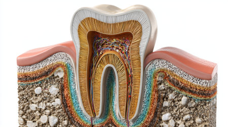 This detailed depiction shows the layers and components of a human tooth highlighting enamel dentin and pulp.の素材