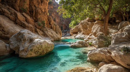 Crystal clear waters meander through a rocky canyon surrounded by lush greenery and vibrant nature.の素材