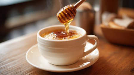 A steaming cup of tea sits on a wooden table as honey drips gracefully from a wooden stick.の素材