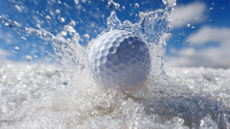 A white golf ball makes a big splash in a water hazard on a sunny day at a golf course. The clear blue sky adds a cheerful backdrop to this exciting moment in the game.の素材