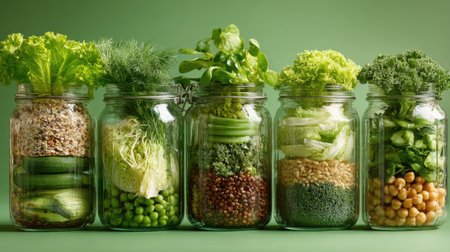Colorful jars filled with fresh vegetables and grains showcase a variety of healthy ingredients. Perfect for meal prep, this display emphasizes nutritious options for cooking at home.の素材