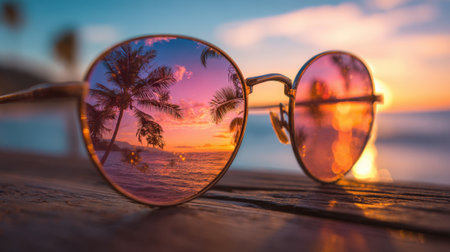 Reflecting a vibrant sunset sunglasses frame a beautiful beach scene with palms and waves.の素材