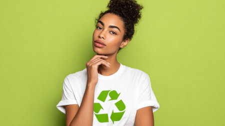 Confident young woman models a white shirt featuring a recycling symbol against a bright green backdrop.の素材