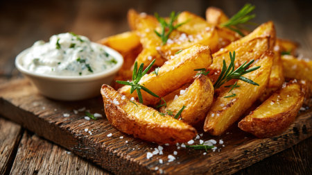 Golden potato wedges are arranged neatly on a wooden surface, paired with a fresh herb dip. The scene is warm and inviting, perfect for a casual meal or snack.の素材