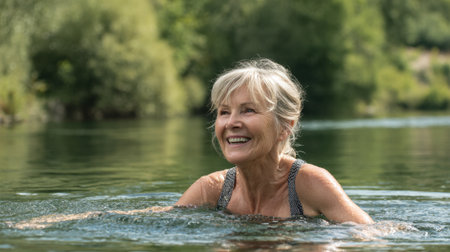 A cheerful older woman enjoys a refreshing swim in a calm river basking in natures beauty.の素材