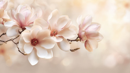 Soft pink magnolia flowers open wide under gentle sunlight showing natures stunning beauty.の素材