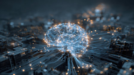 A vibrant brain made of light connects to a bustling city symbolizing technology and intelligence integration.の素材