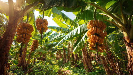 Rows of ripe bananas hang beneath lush green leaves in a sunny tropical plantation.の素材